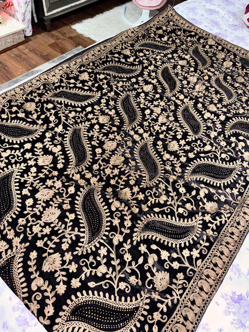 Black velvet shawl/dupatta with golden embroidery & stones