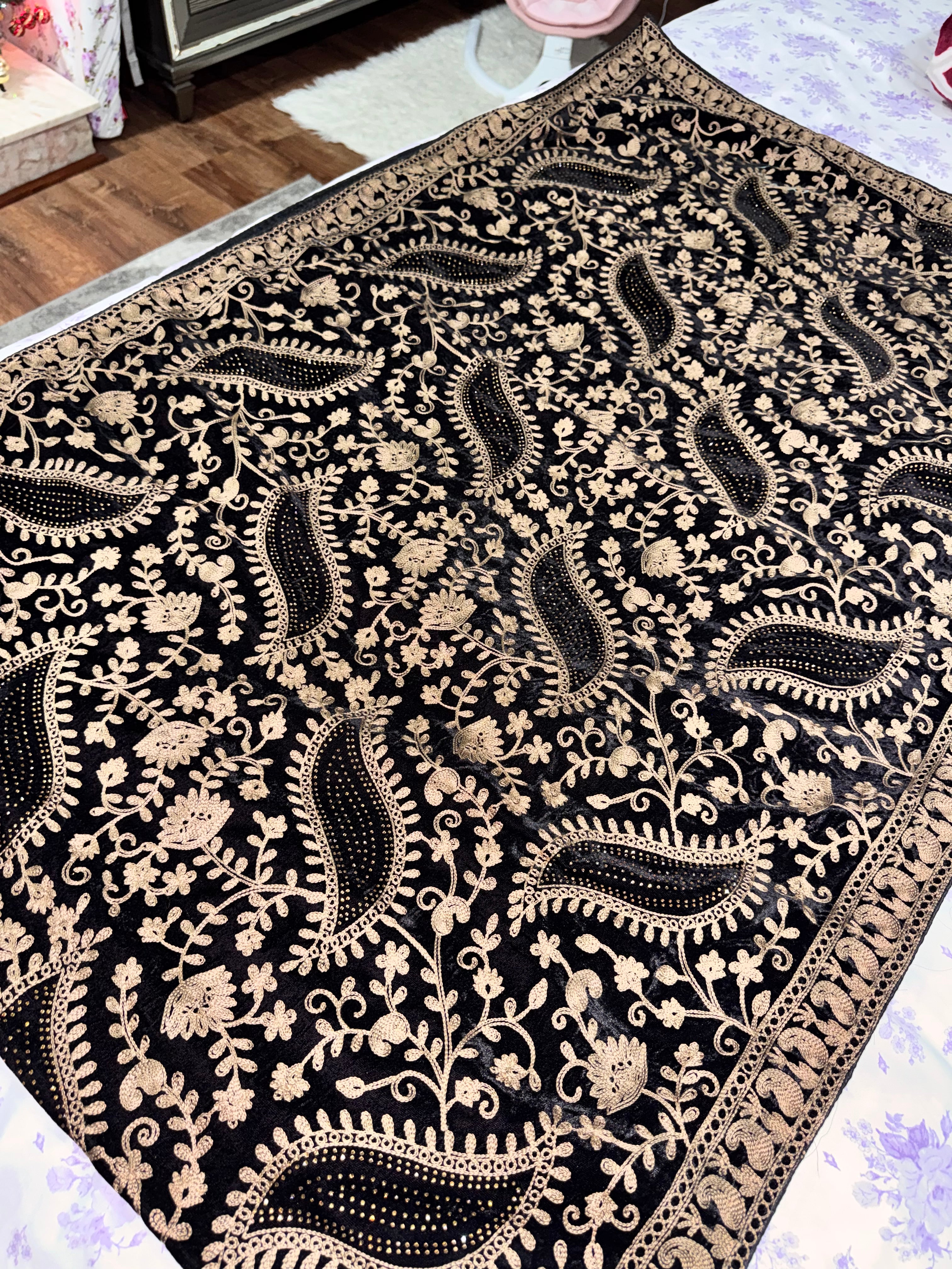 Black velvet shawl/dupatta with golden embroidery & stones
