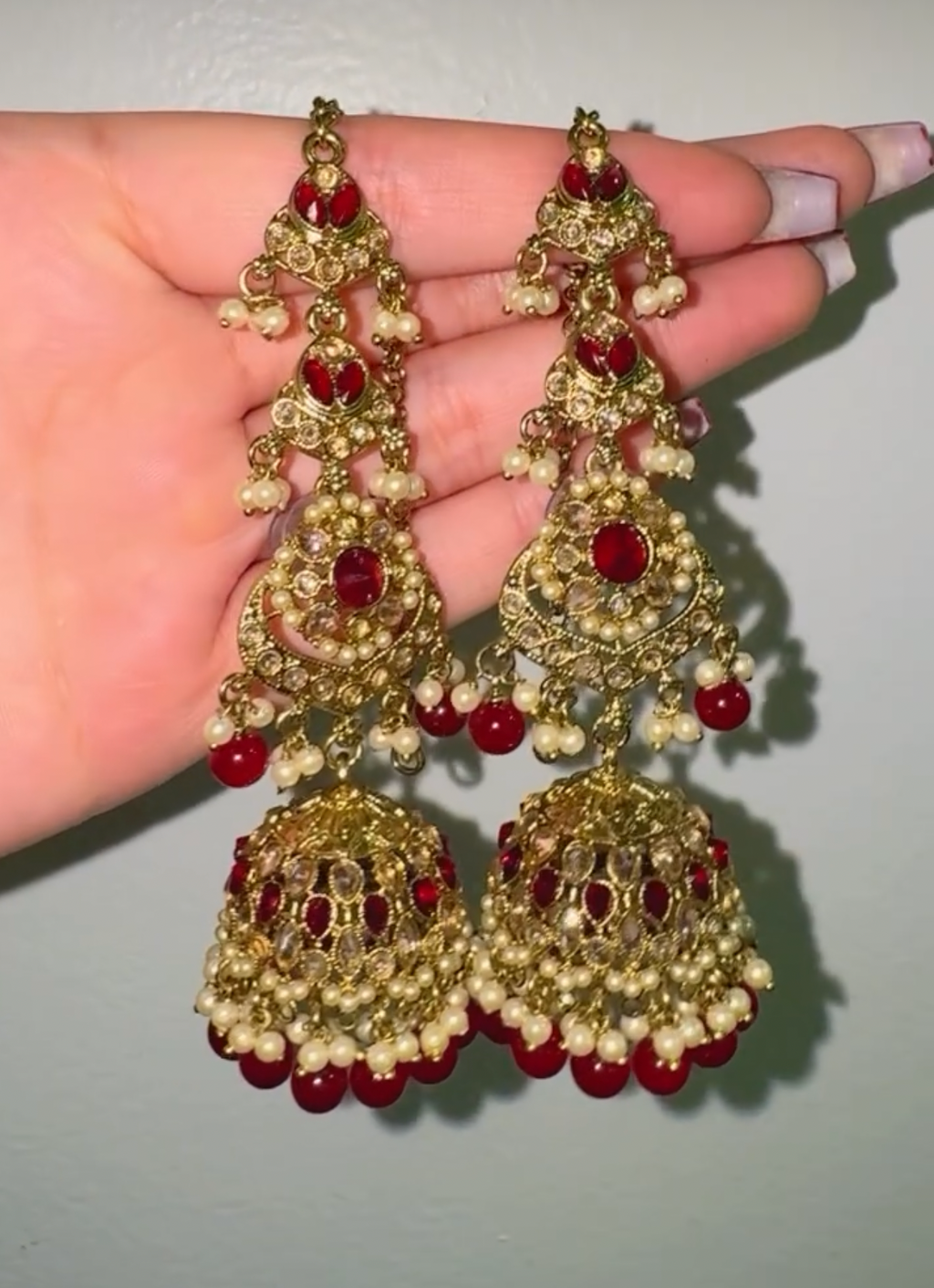Maroon kundan earrings (over the ear)