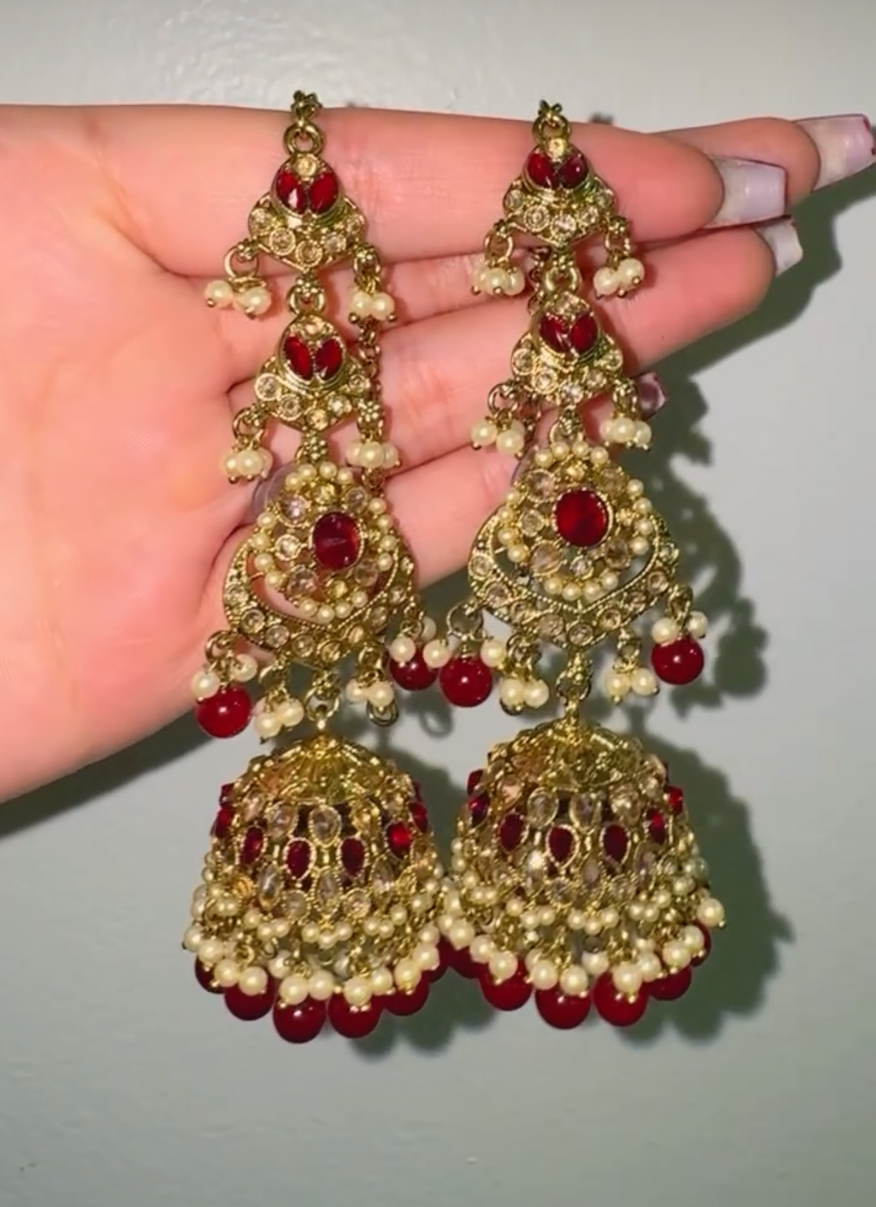 Maroon kundan earrings (over the ear)