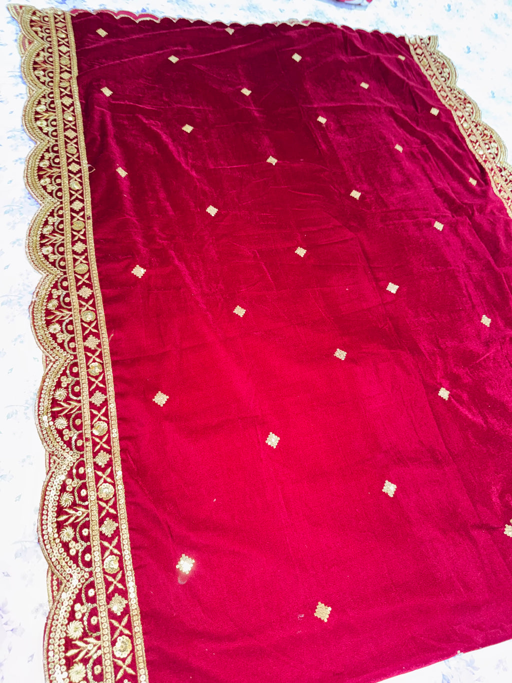 Maroon golden handwork velvet shawl/dupatta
