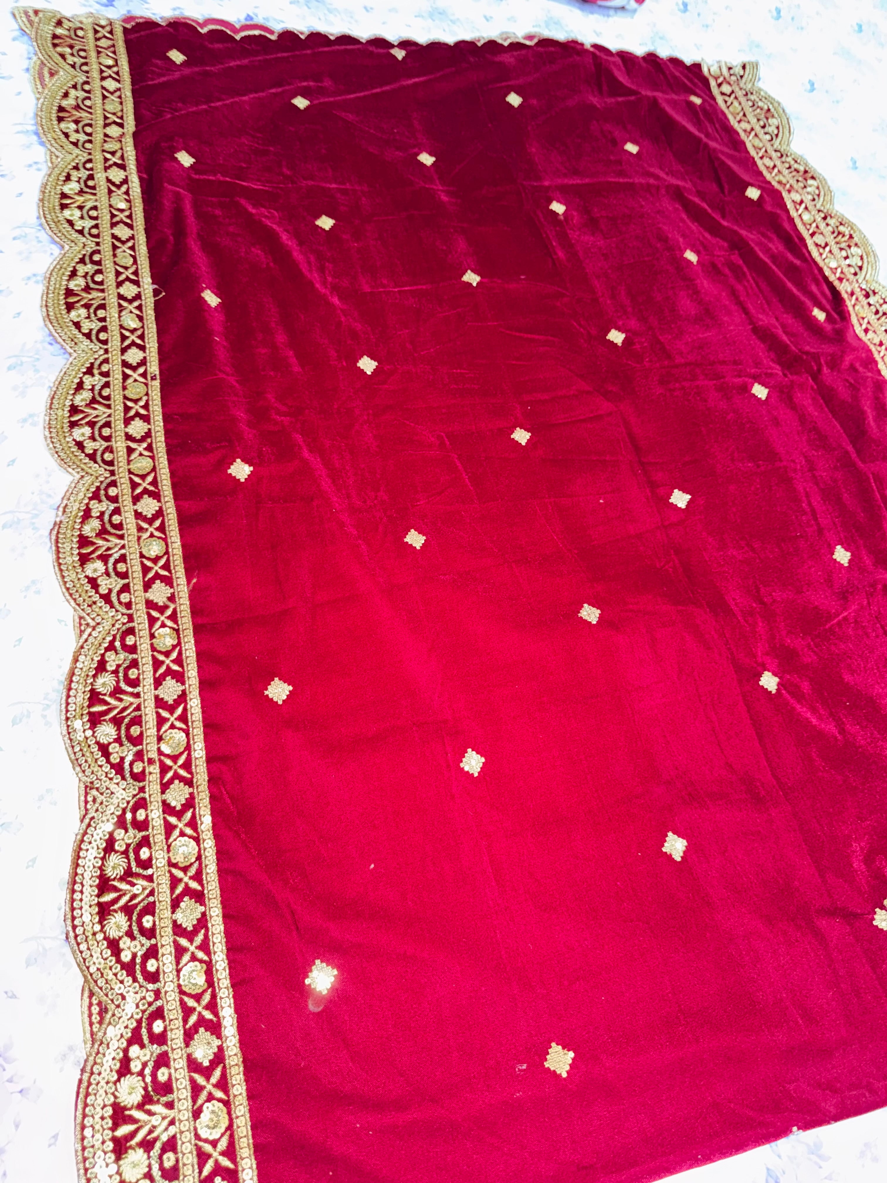 Maroon golden handwork velvet shawl/dupatta