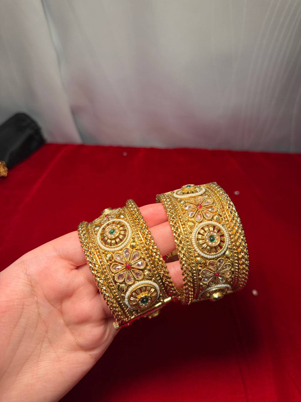 Gold plated kangan/kada with red & green stones