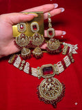 Maroon with white pearls choker set with jhumka earrings & tikka