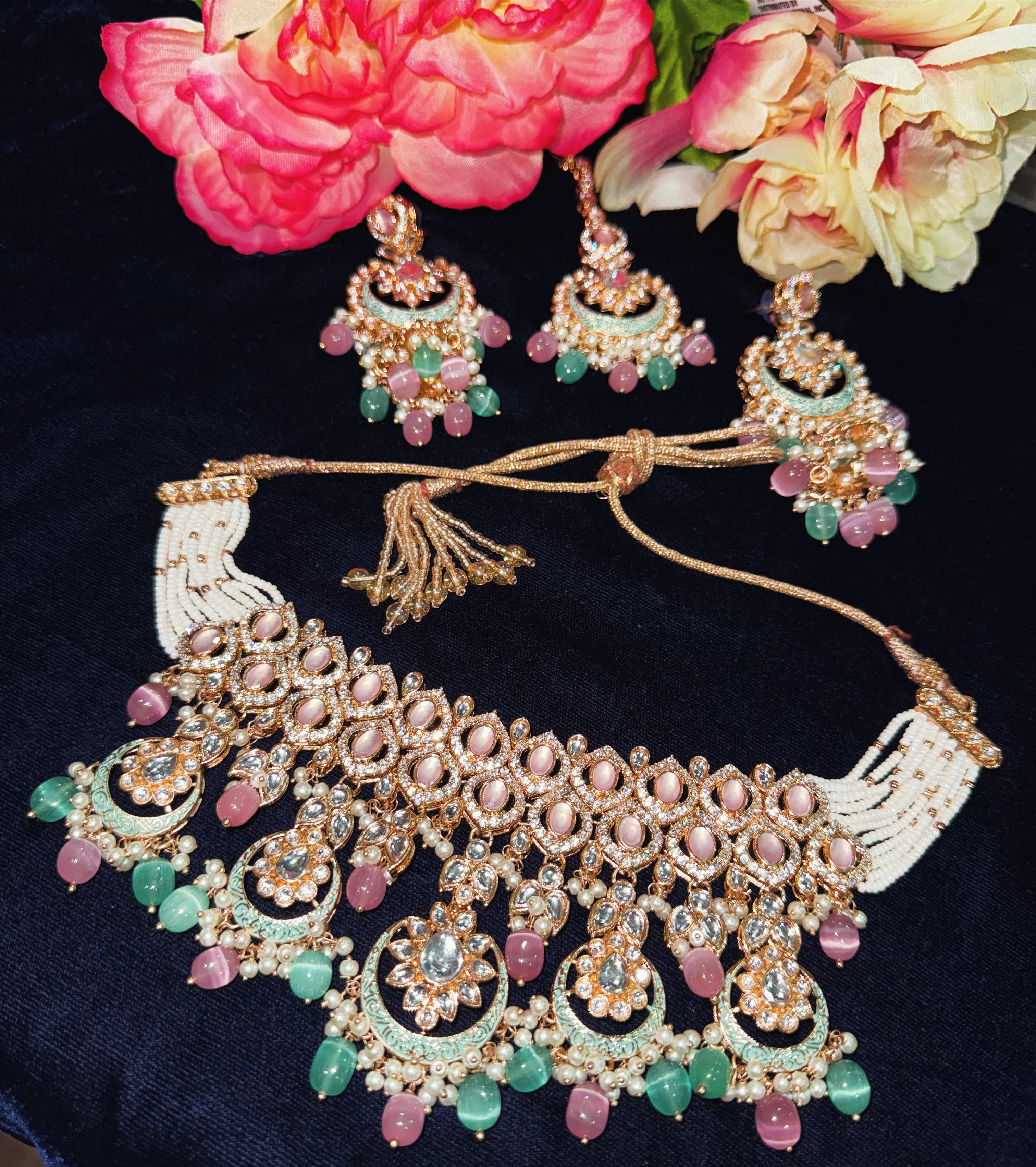 Beautiful bridal light pink & turquoise set with tikka