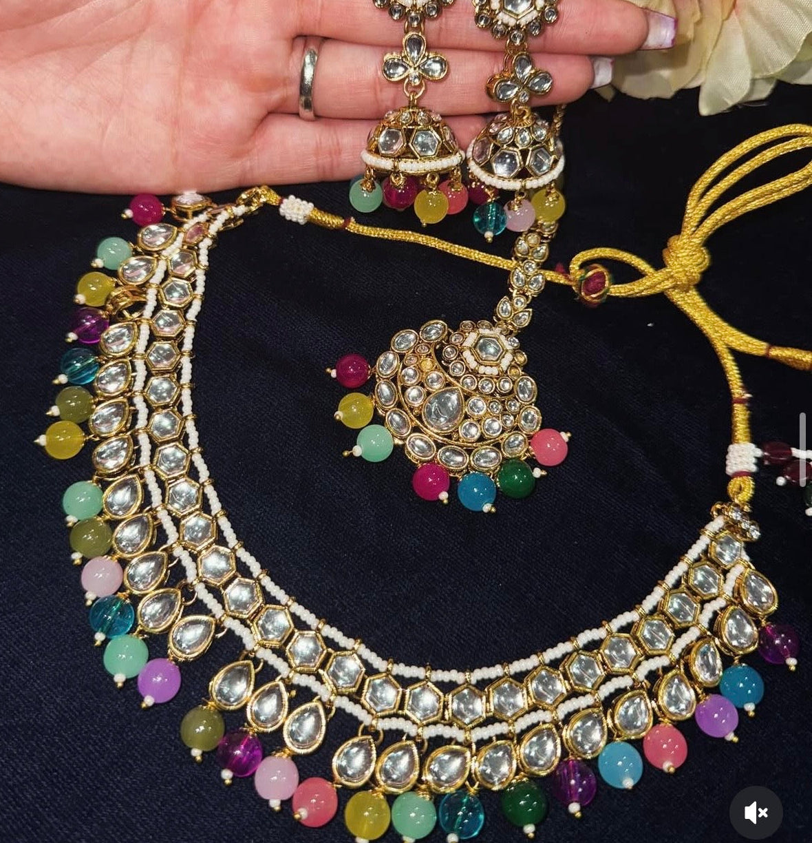 Multicolor necklace set with tikka & jhumke
