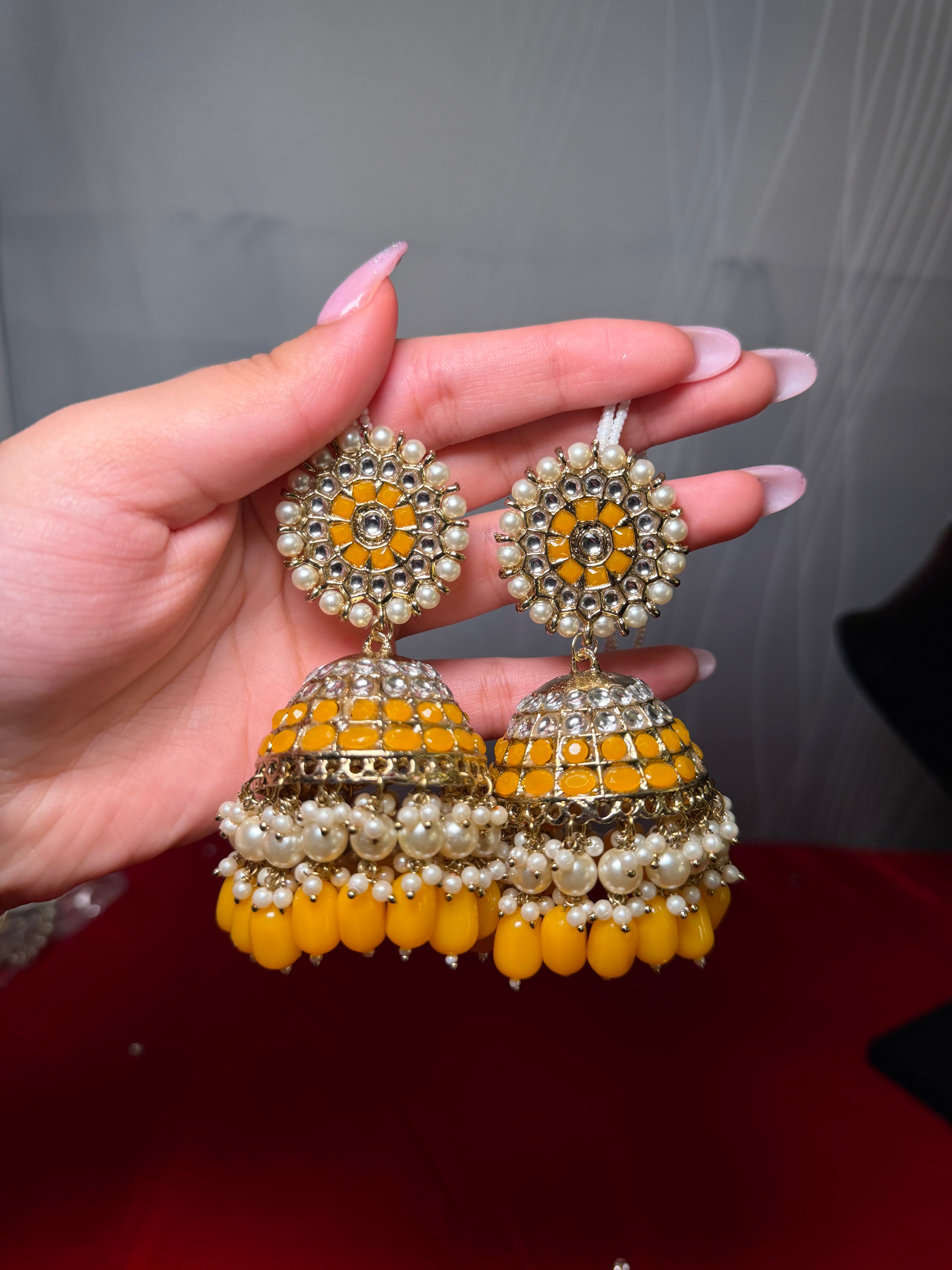 Oversized yellow jhumke with white pearl Sahara
