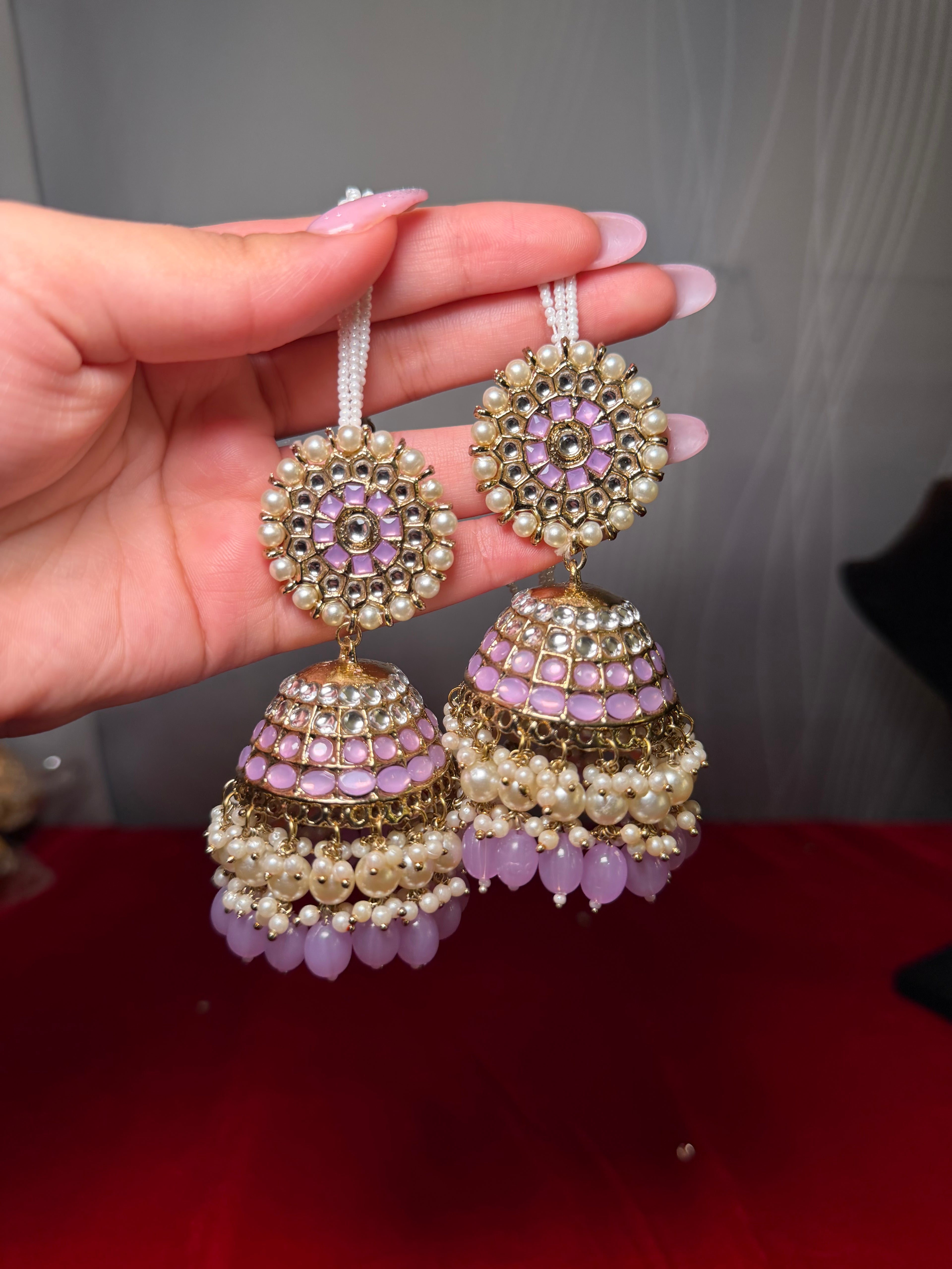 Lavender colored oversized statement jhumke with white pearl Sahara