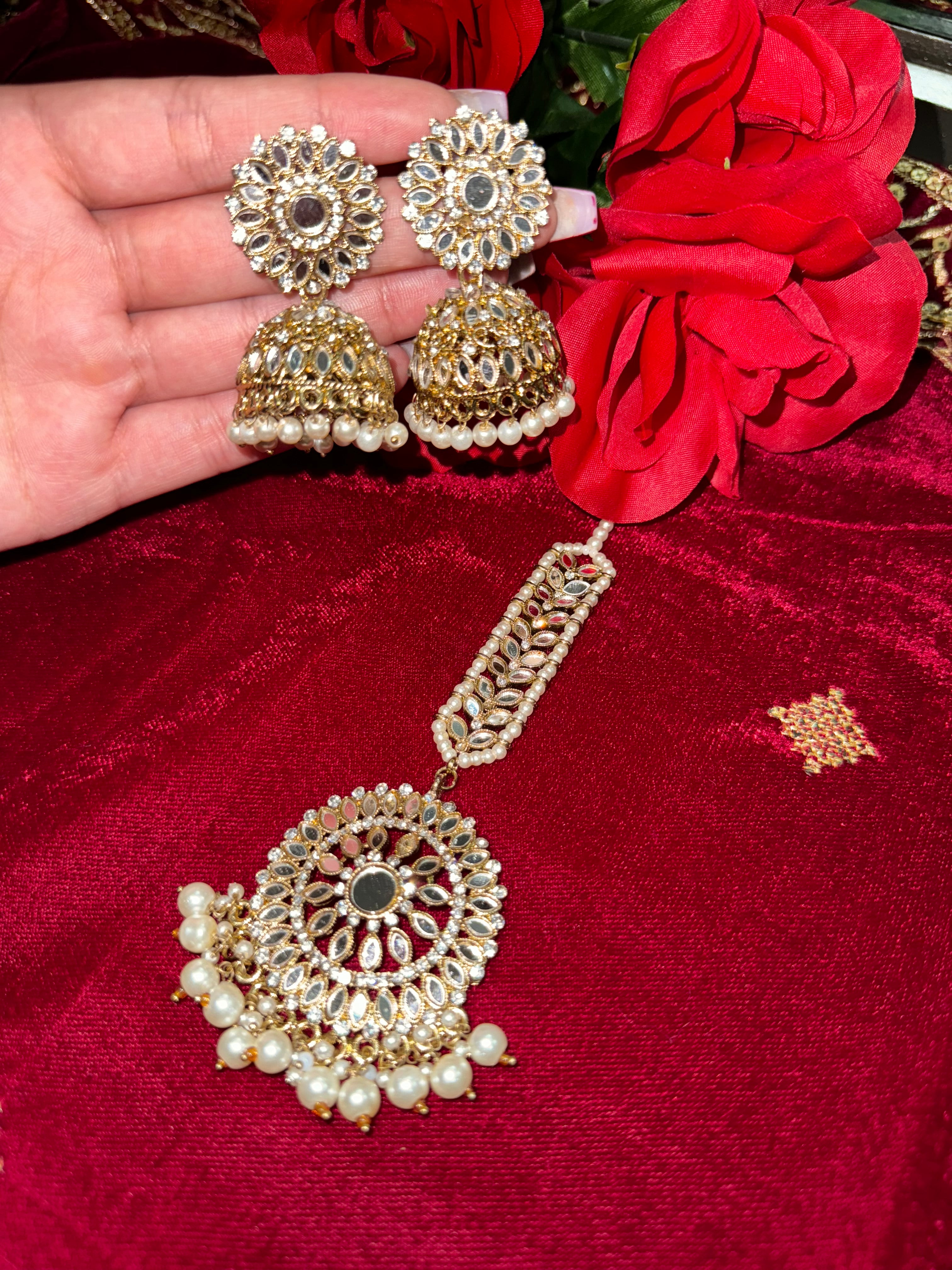 Sheesha jhumka and tikka set with white pearls