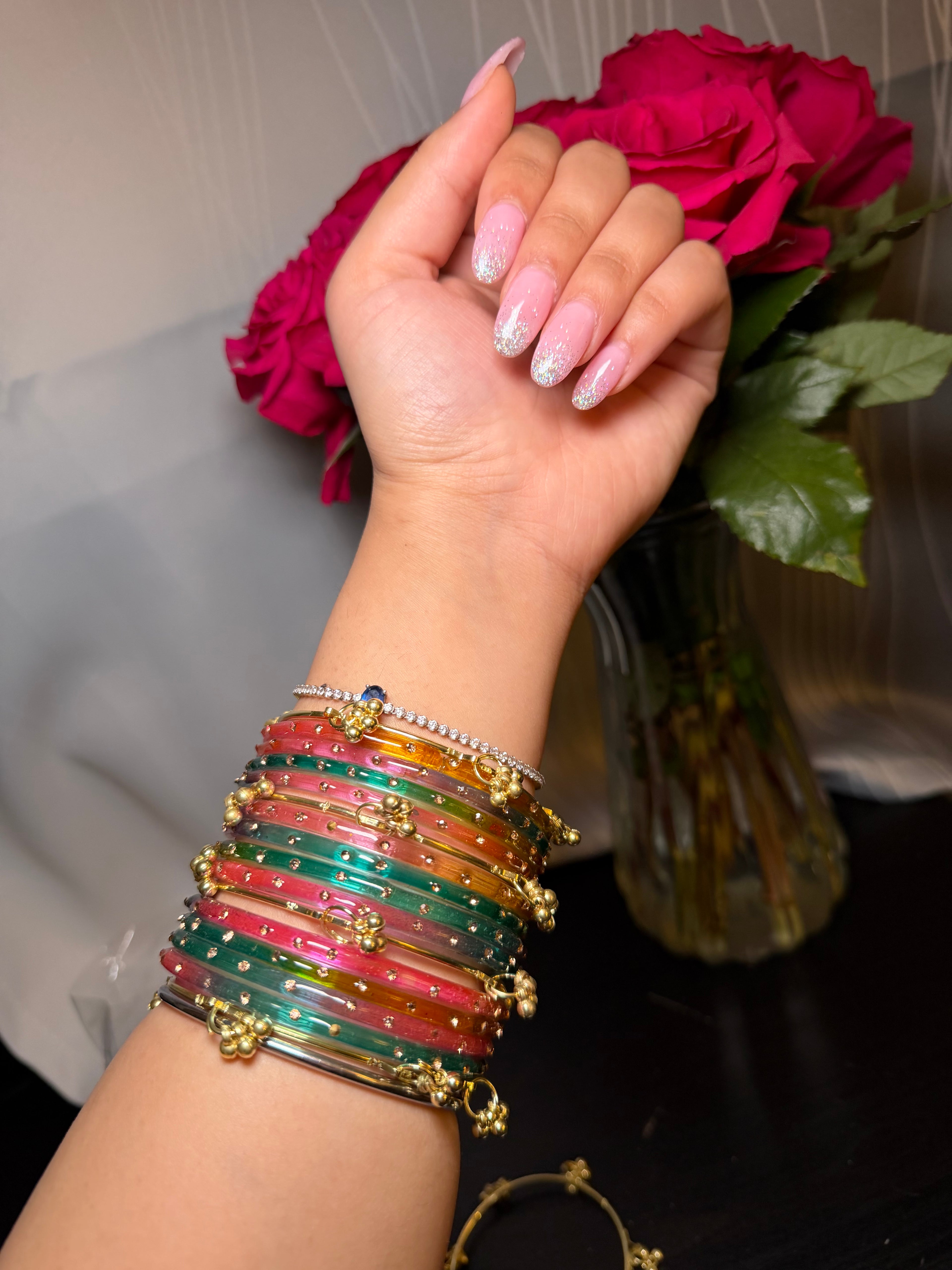 Trendy Raindrop Kashmiri Glass bangles with ghungru bangles
