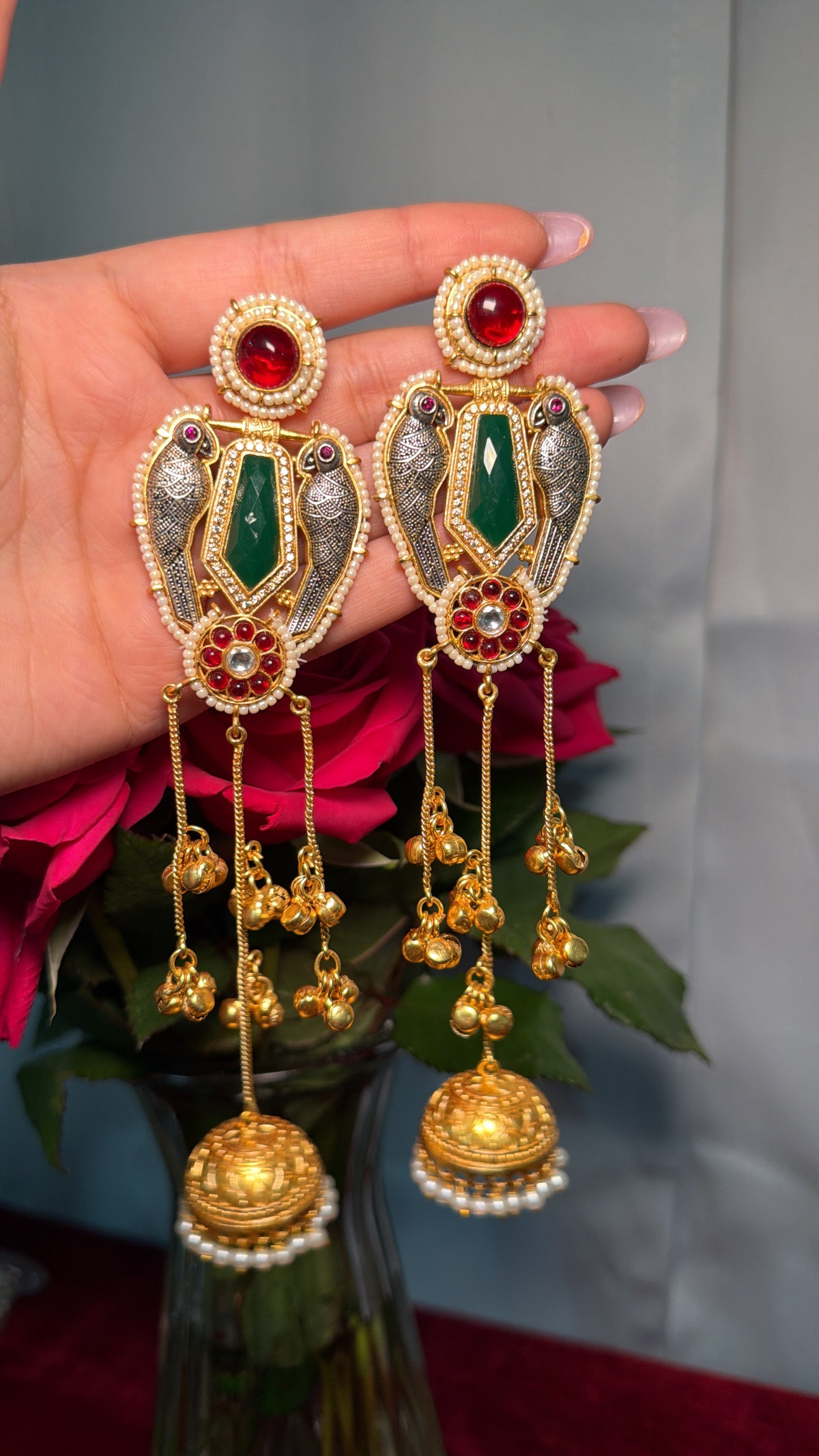 Gold plated red and green kashmiri earrings