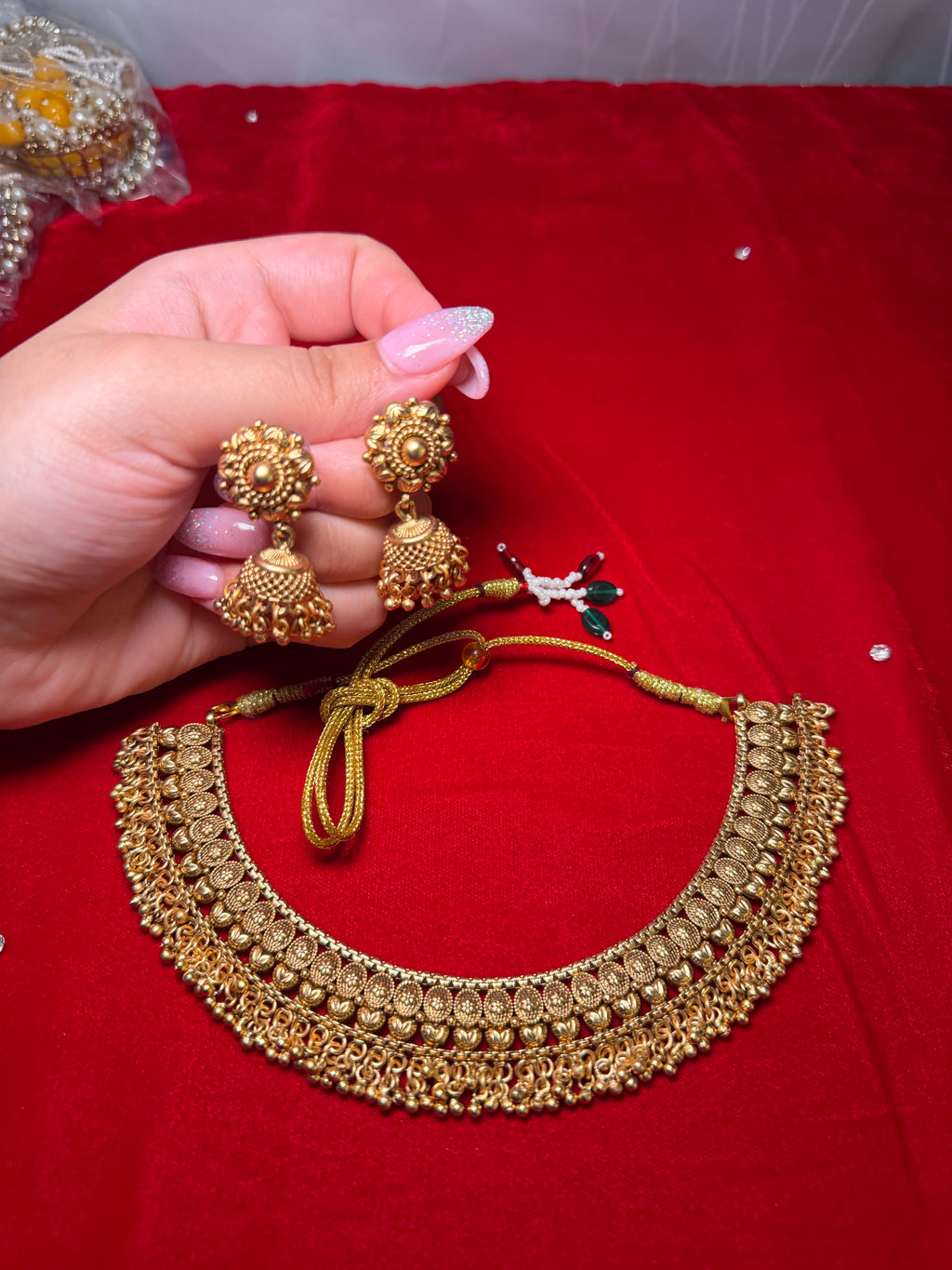 Golden jhumka set with necklace