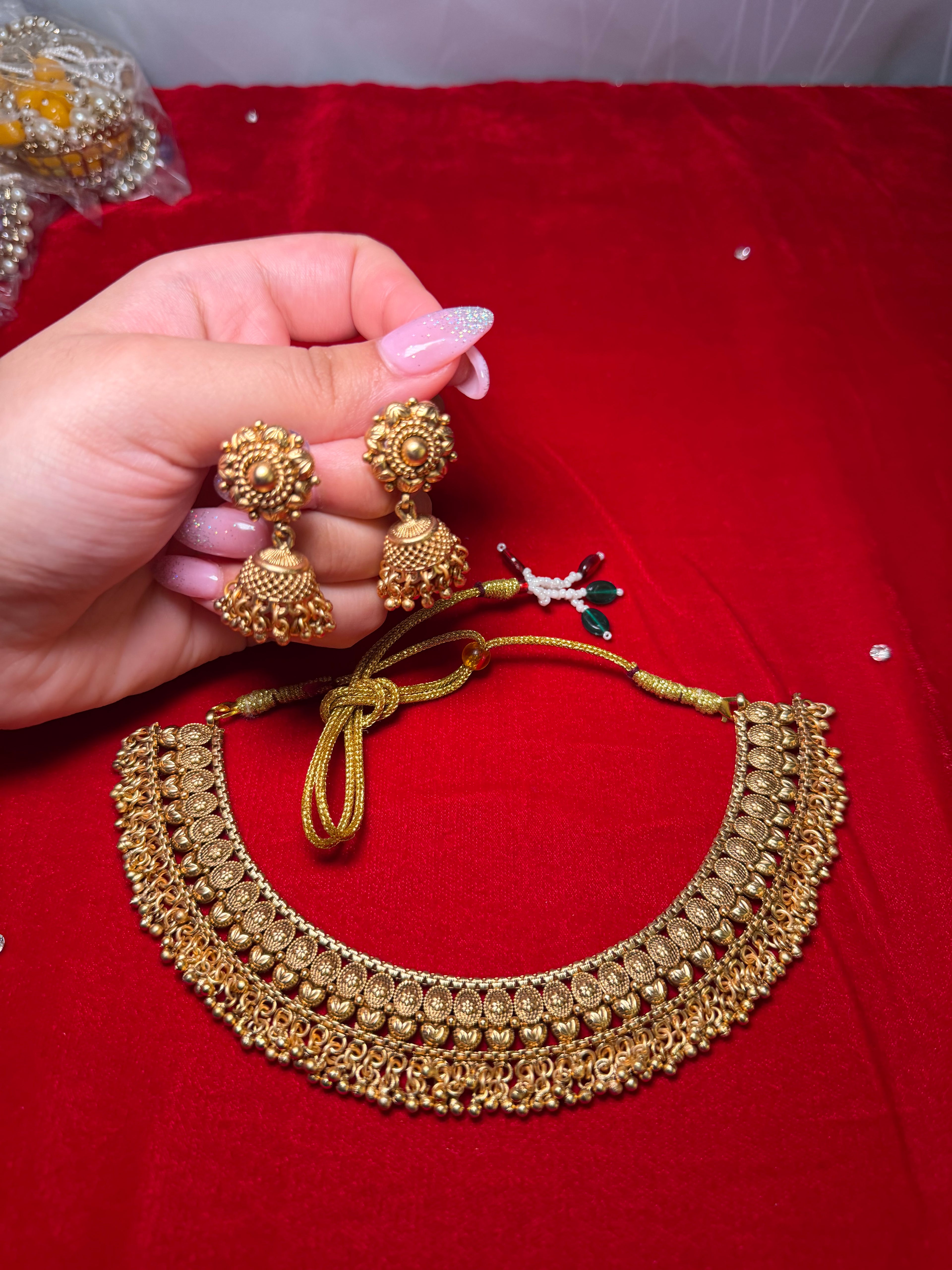 Golden jhumka set with necklace