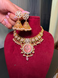 Traditional Indian Kundan Necklace Set with Pearls & Pink Pendant