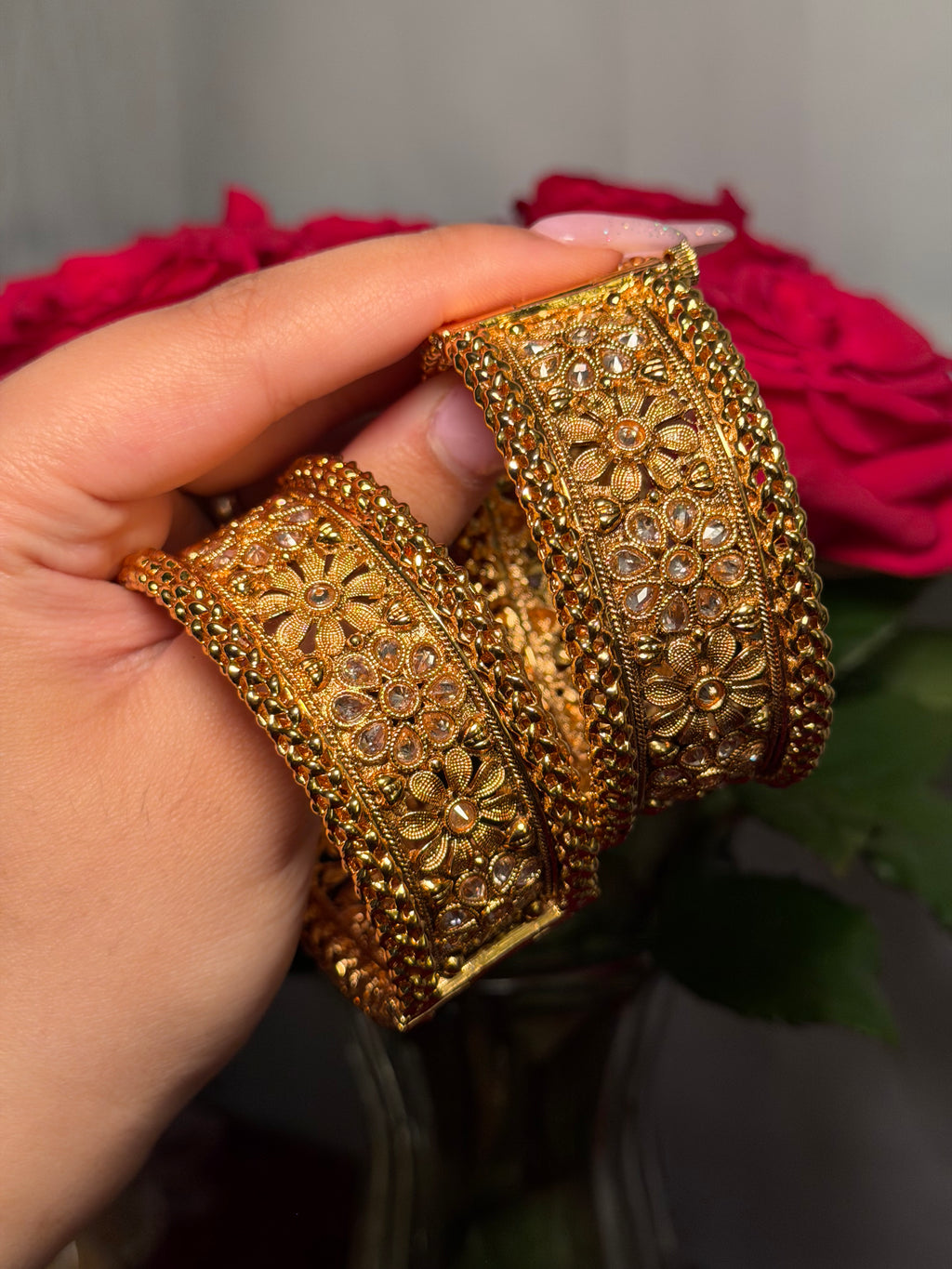 Gold plated kangan/kada floral designs with stones