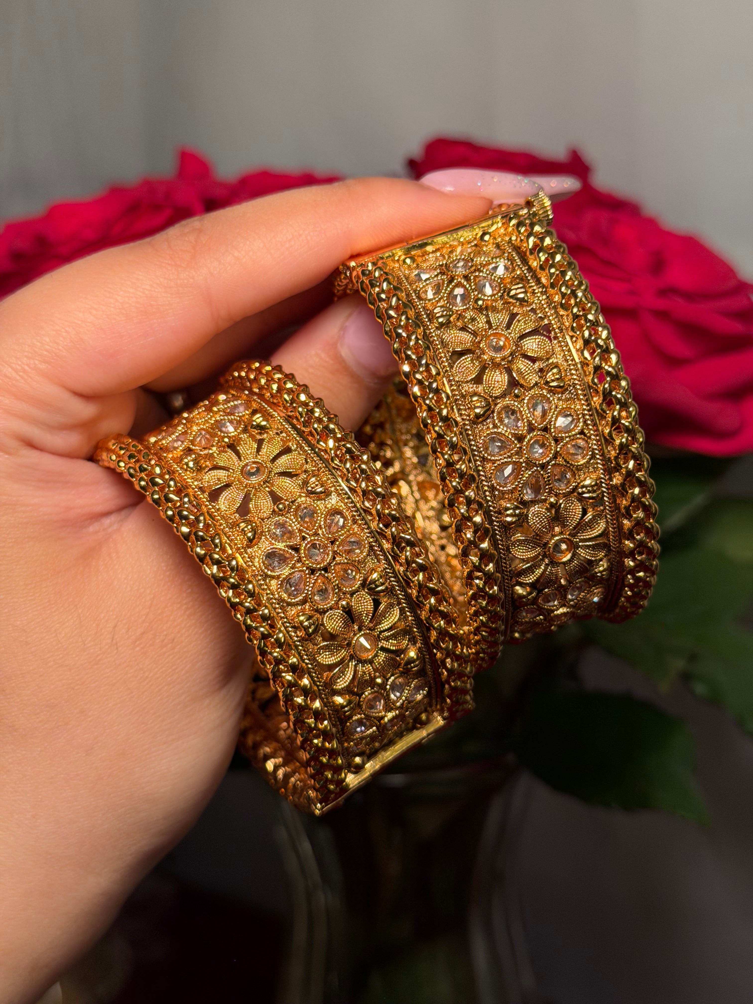 Gold plated kangan/kada floral designs with stones