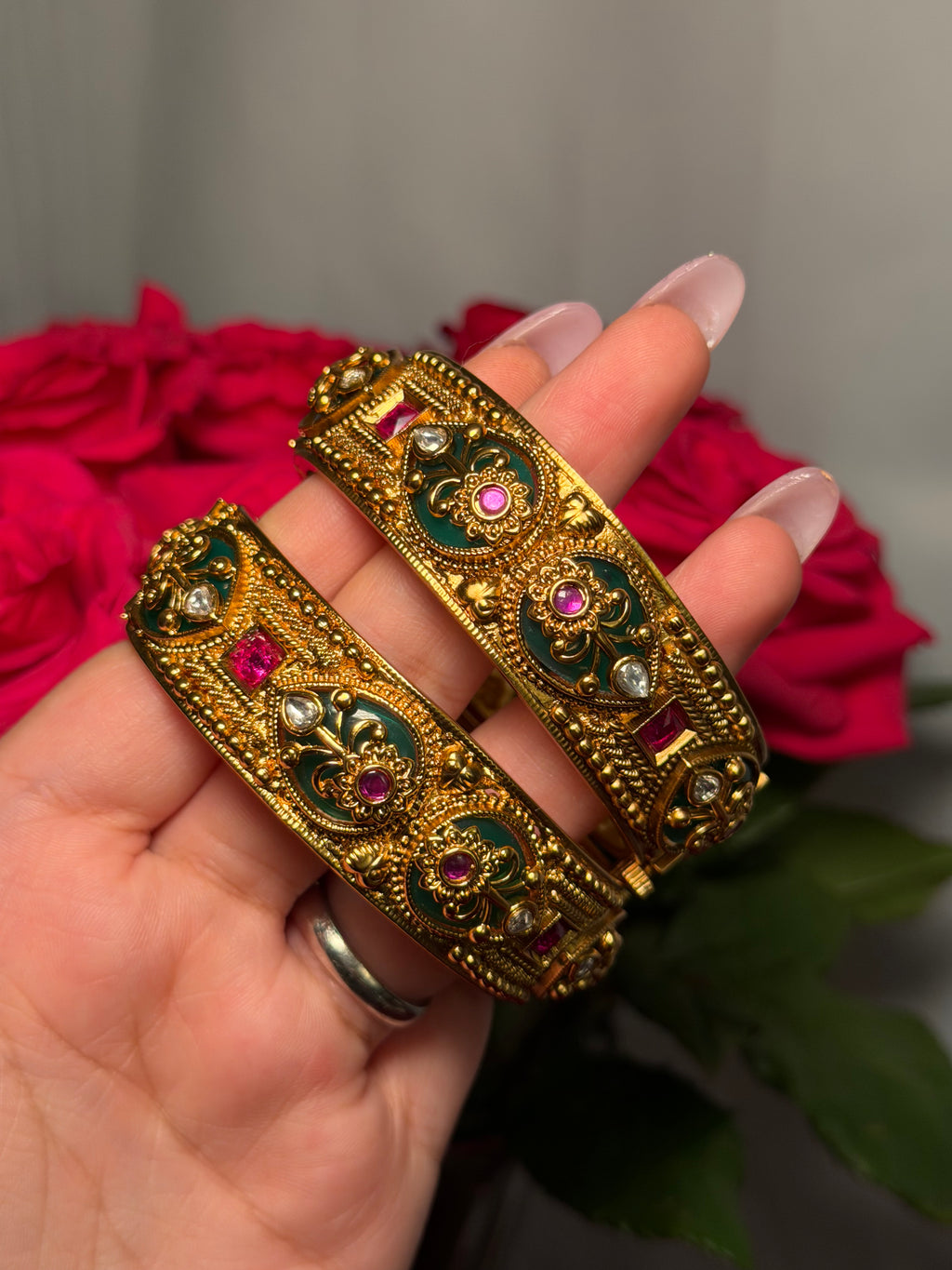 Gold plated kashmiri kangan kada with pink and green royal designs