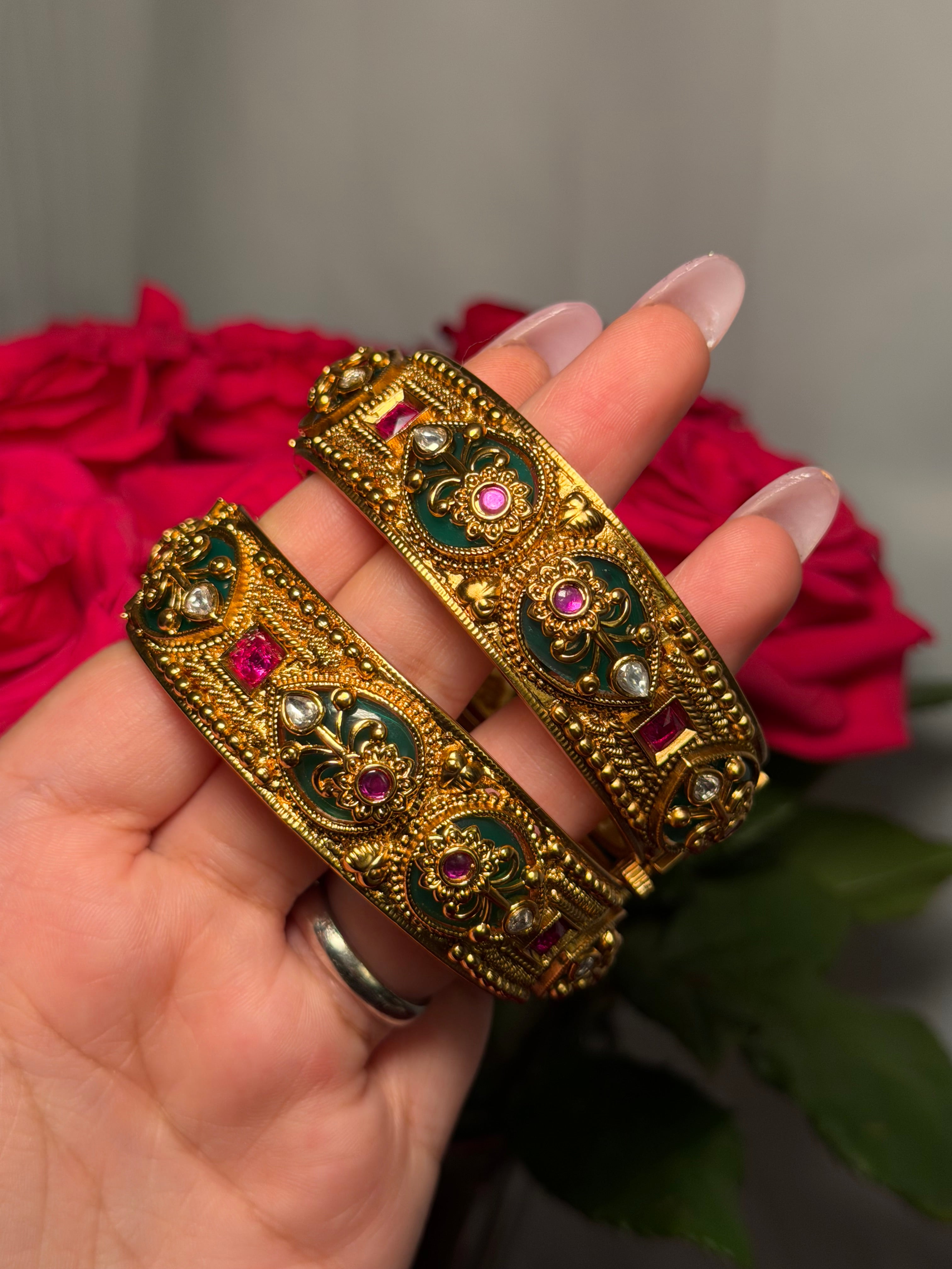 Gold plated kashmiri kangan kada with pink and green royal designs