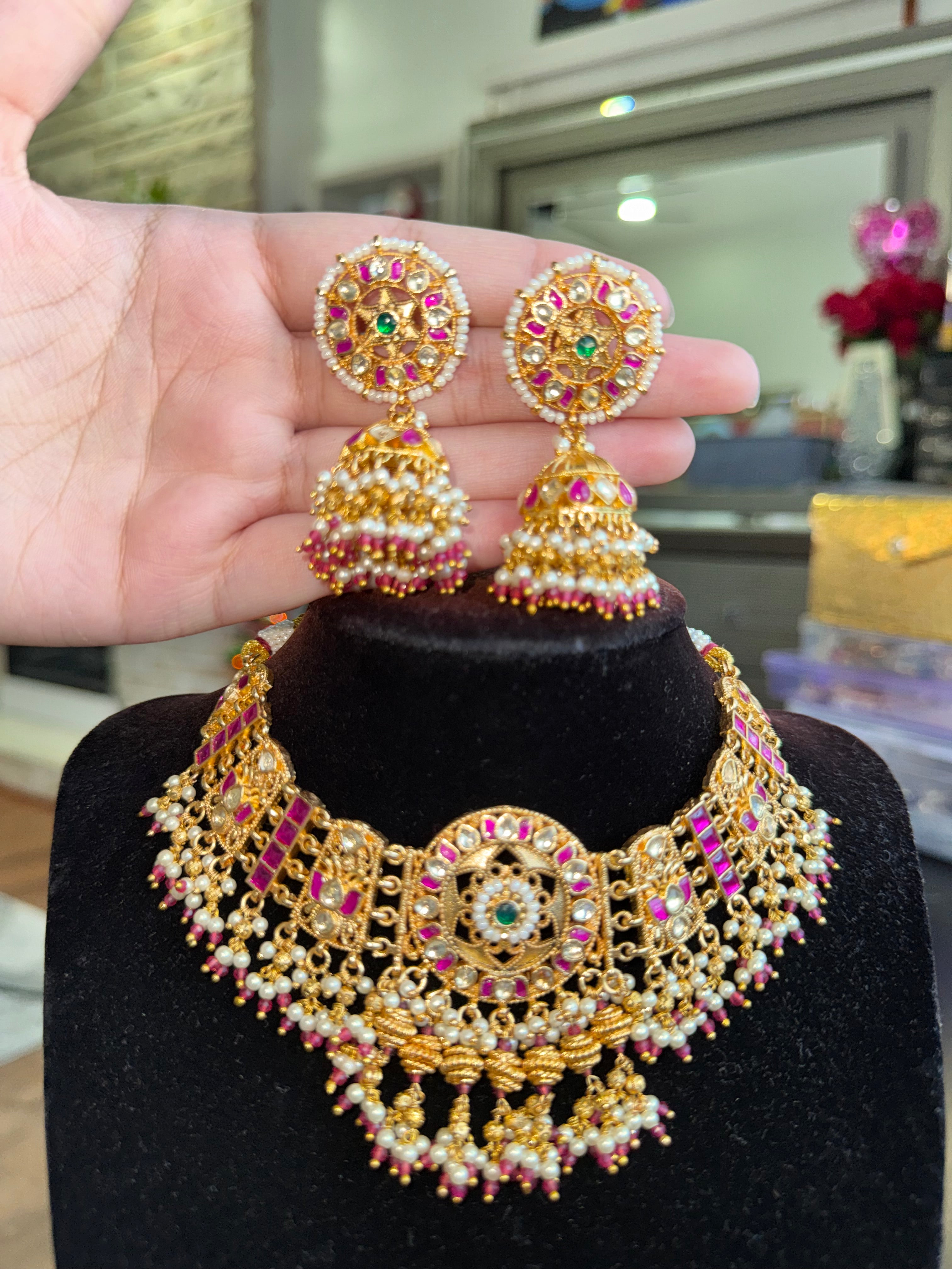 Pink & Golden Pachi Kundan Nexklace set with jhumke