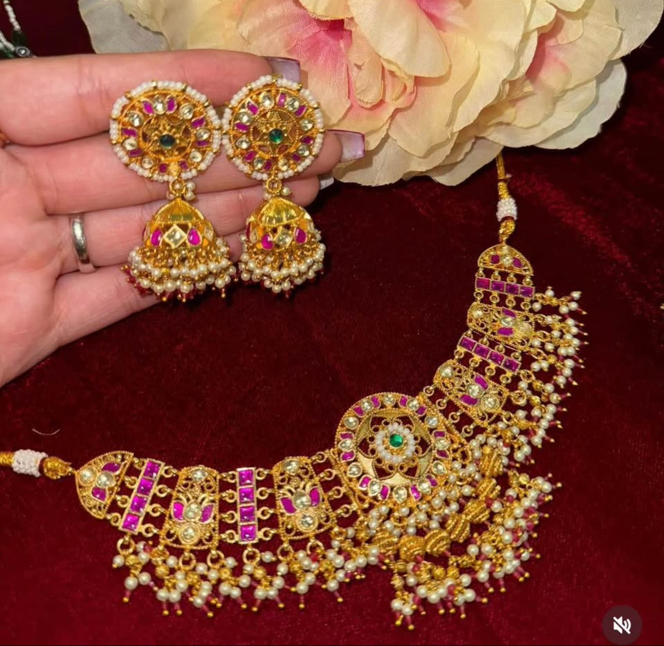 Pink & Golden Pachi Kundan Nexklace set with jhumke