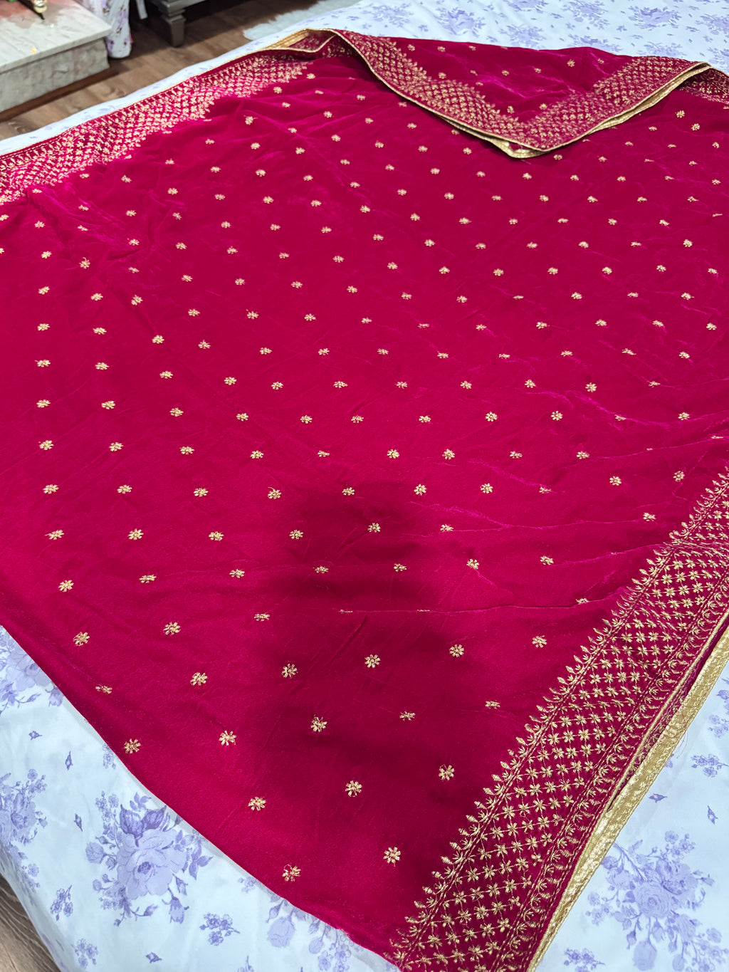 Hot pink with golden embroidery velvet shawl/dupatta