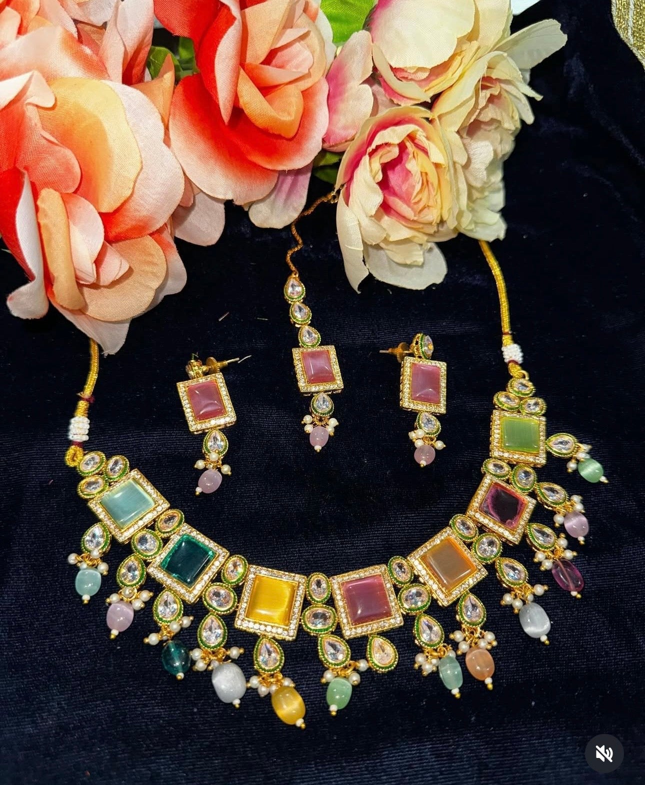 Elegant Multicolored necklace set with tikka & earrings