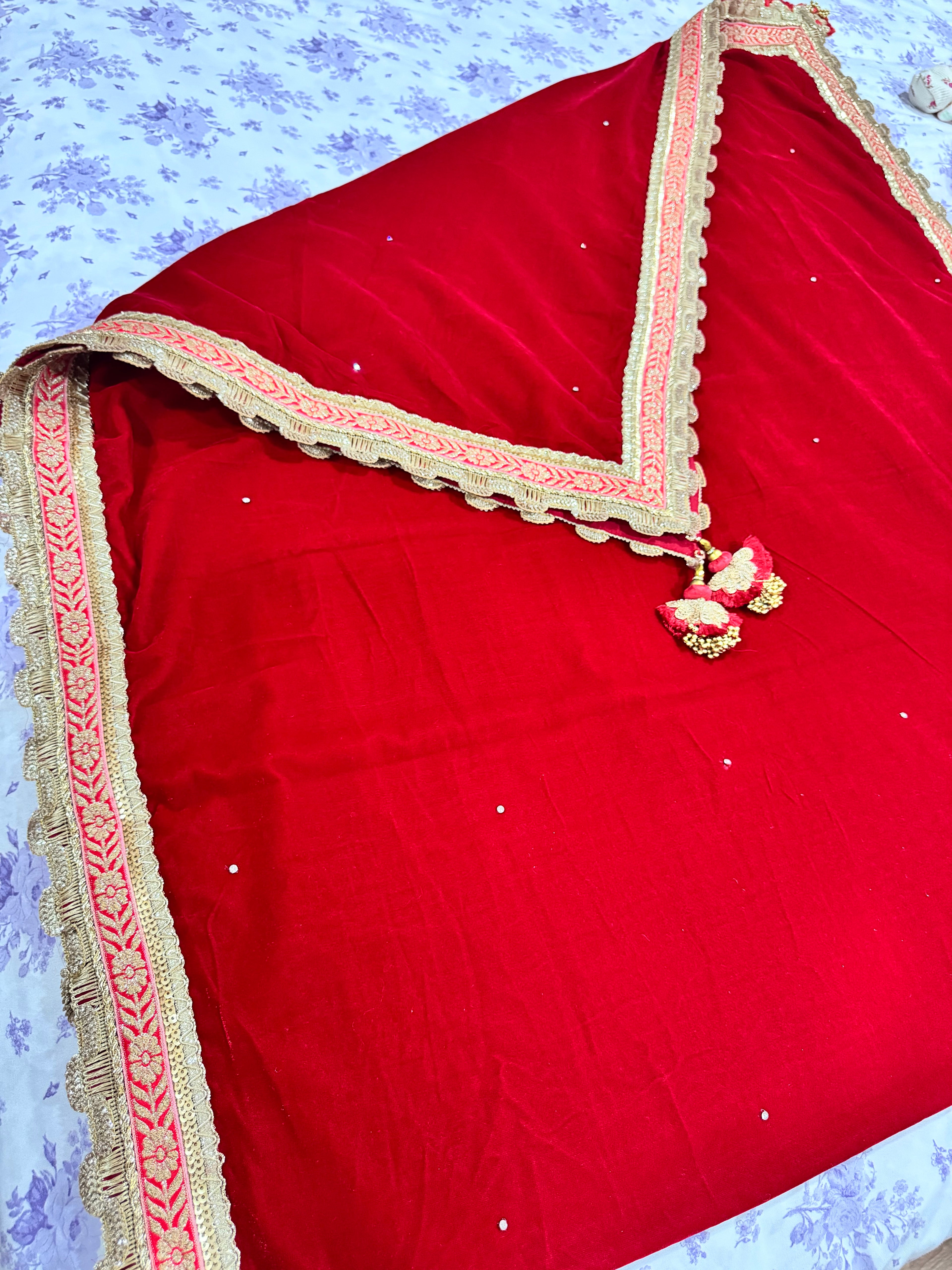 Cherry red velvet shawl/dupatta with golden latkaan