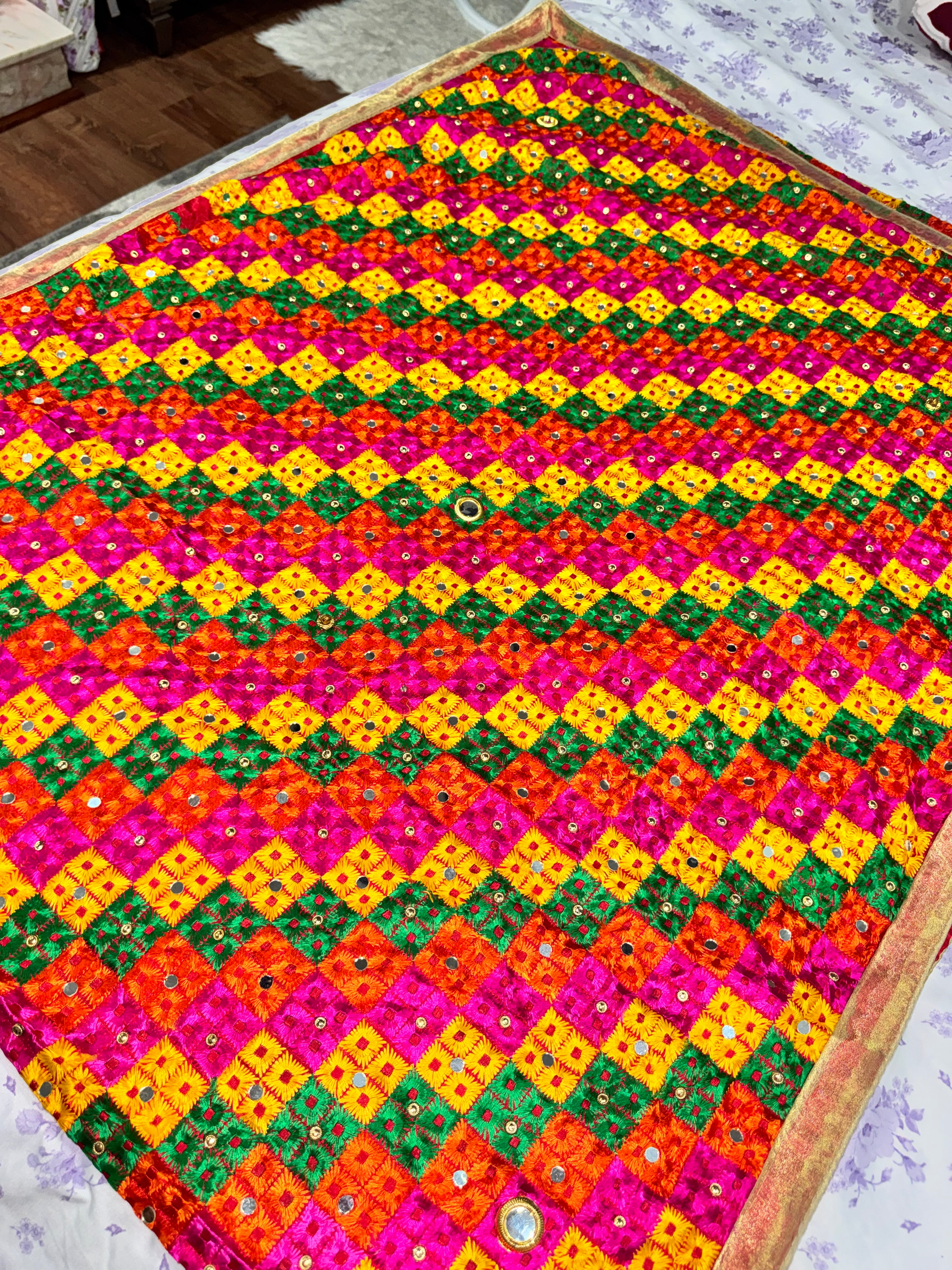 Heavy jaggo phulkari with sheesha work & ghungru