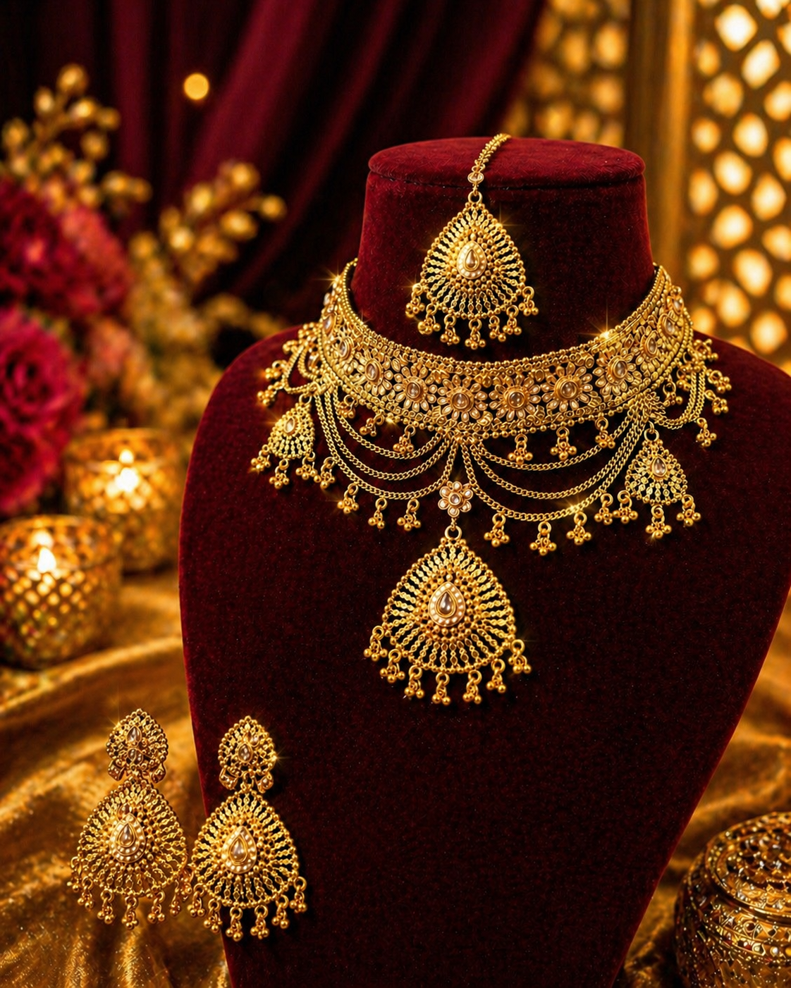 Heavy 1 Gram Gold Kundan Choker Necklace Set | Bridal Statement Jewelry