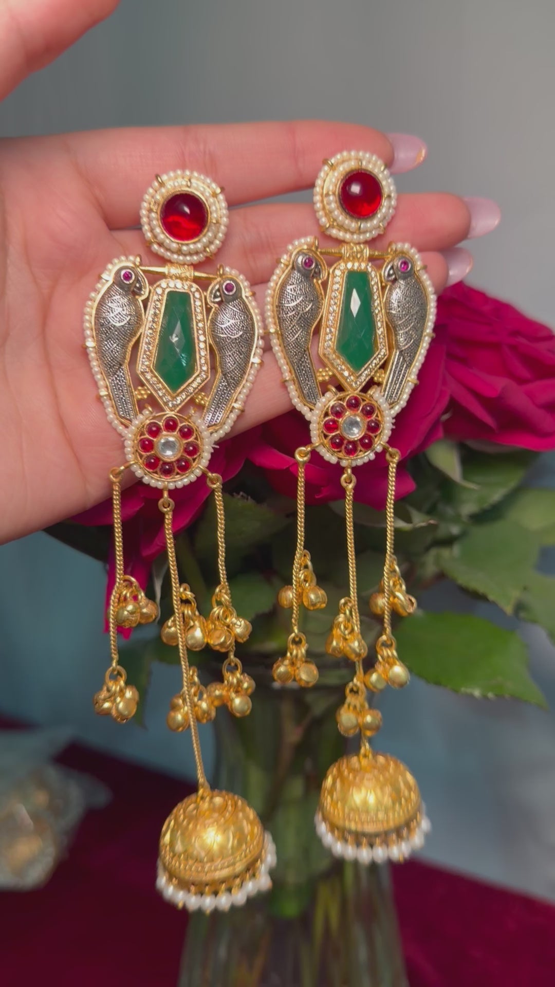 Gold plated red and green kashmiri earrings