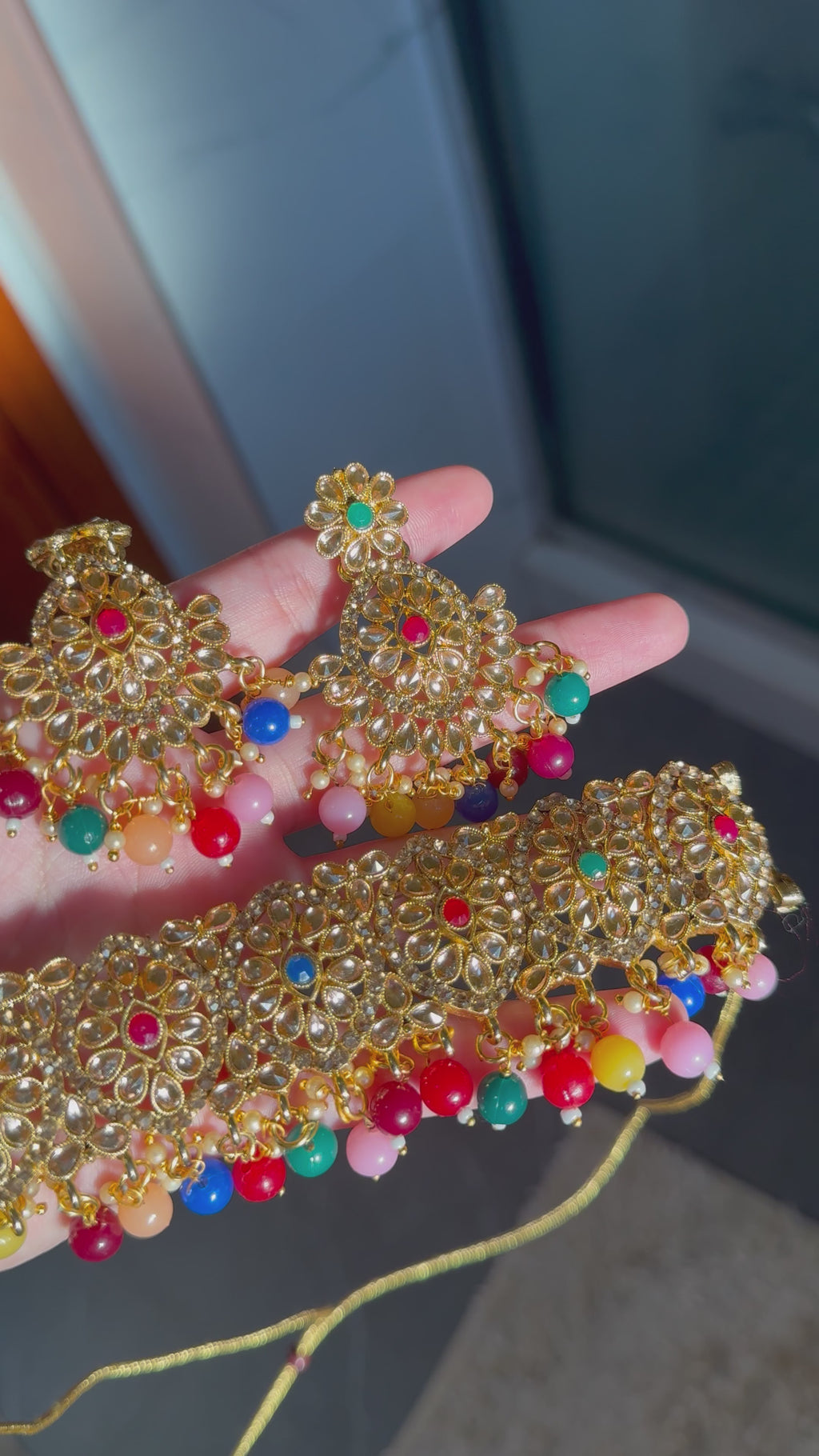 Multicolor & golden kundan choker set with tikka & earrings