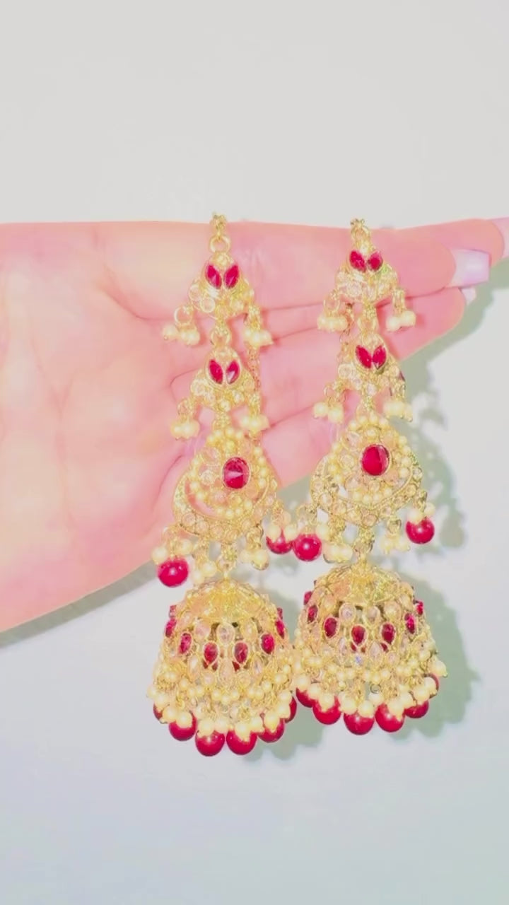 Maroon kundan earrings (over the ear)