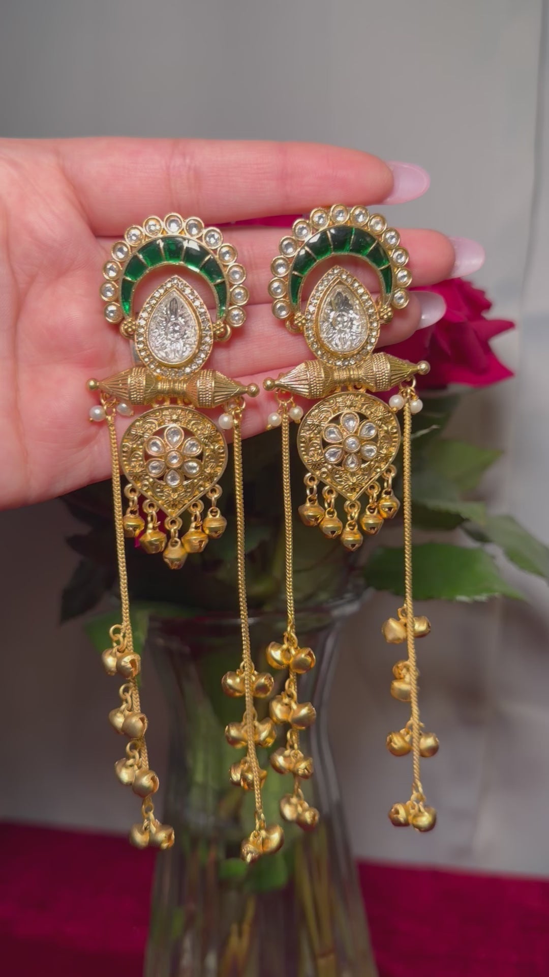 Gold plated emerald green kashmiri earrings with jhumke