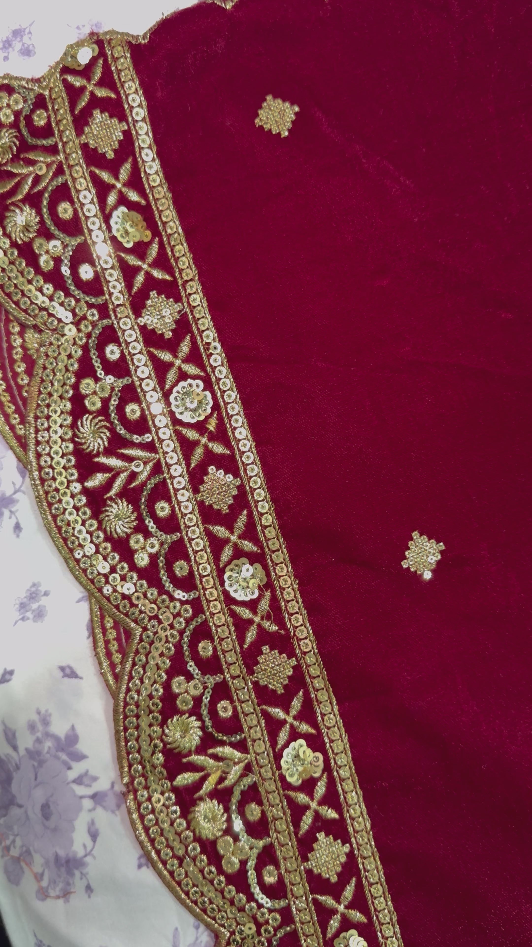 Maroon golden handwork velvet shawl/dupatta