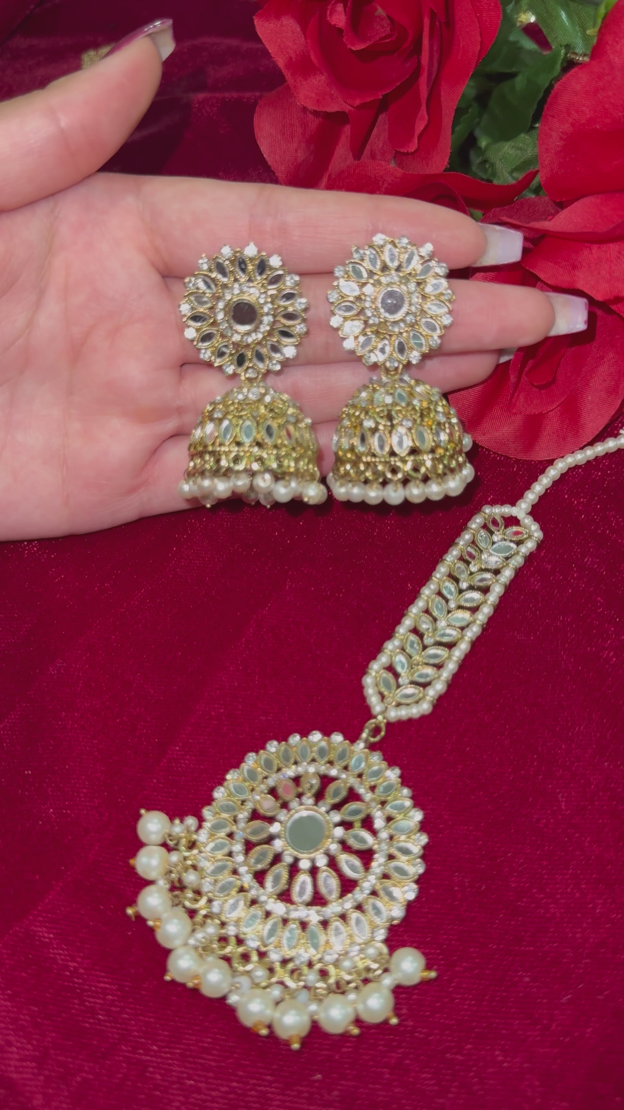 Sheesha jhumka and tikka set with white pearls