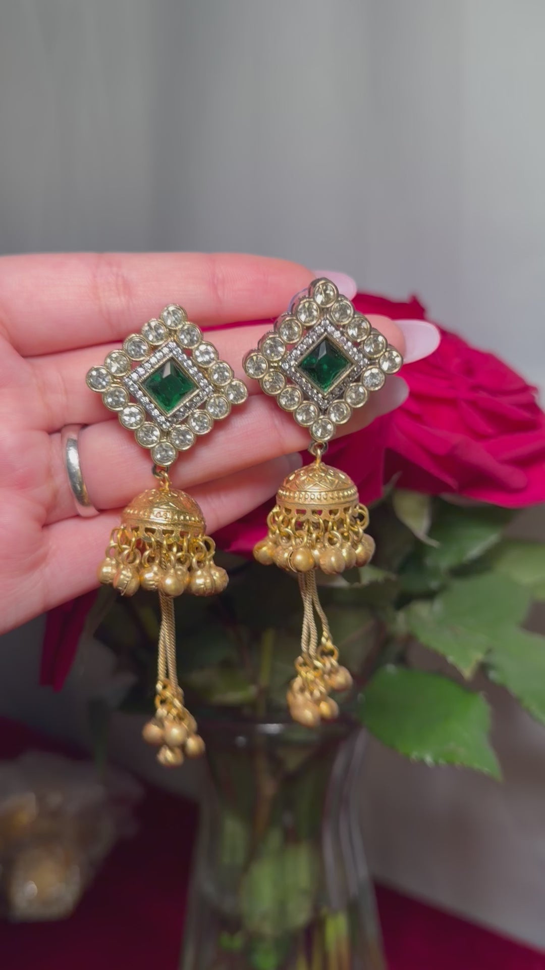 Kashmiri earrings with general green stones with golden ghungru