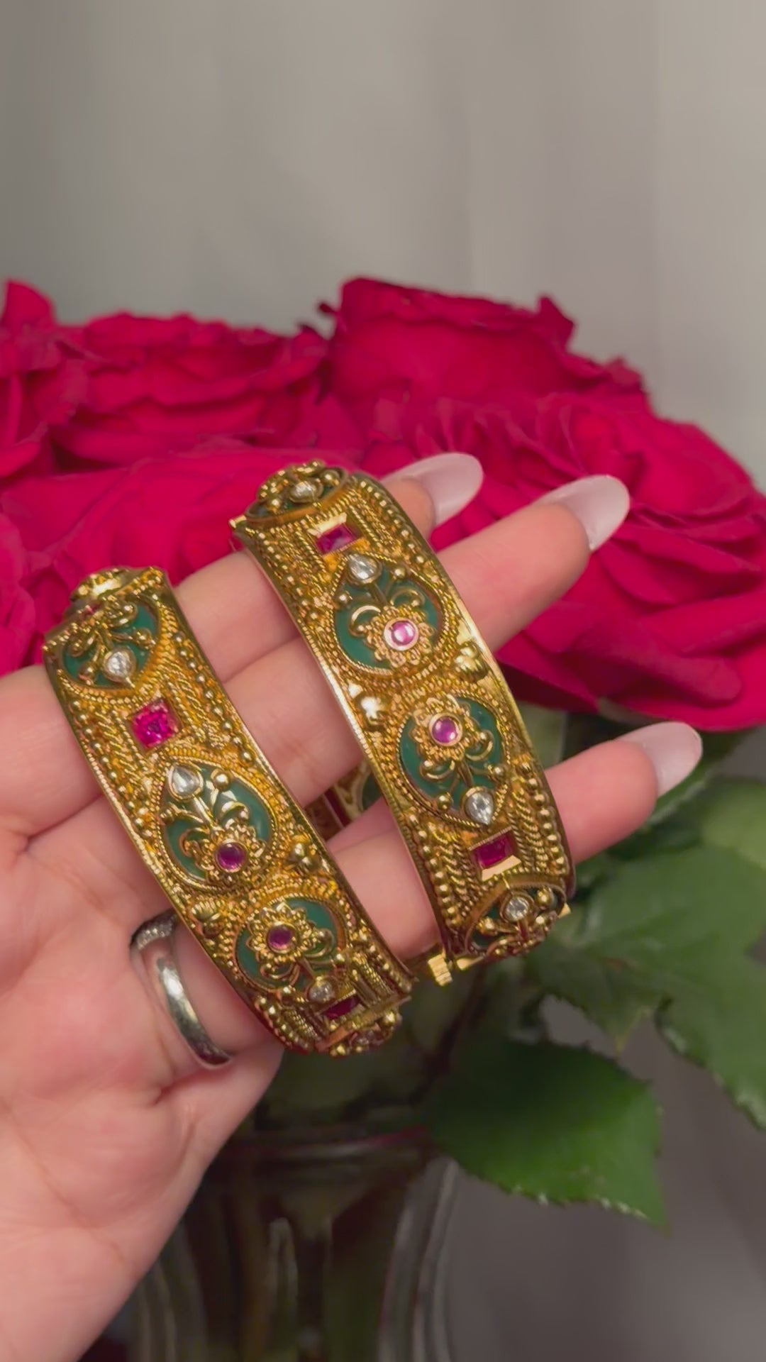 Gold plated kashmiri kangan kada with pink and green royal designs