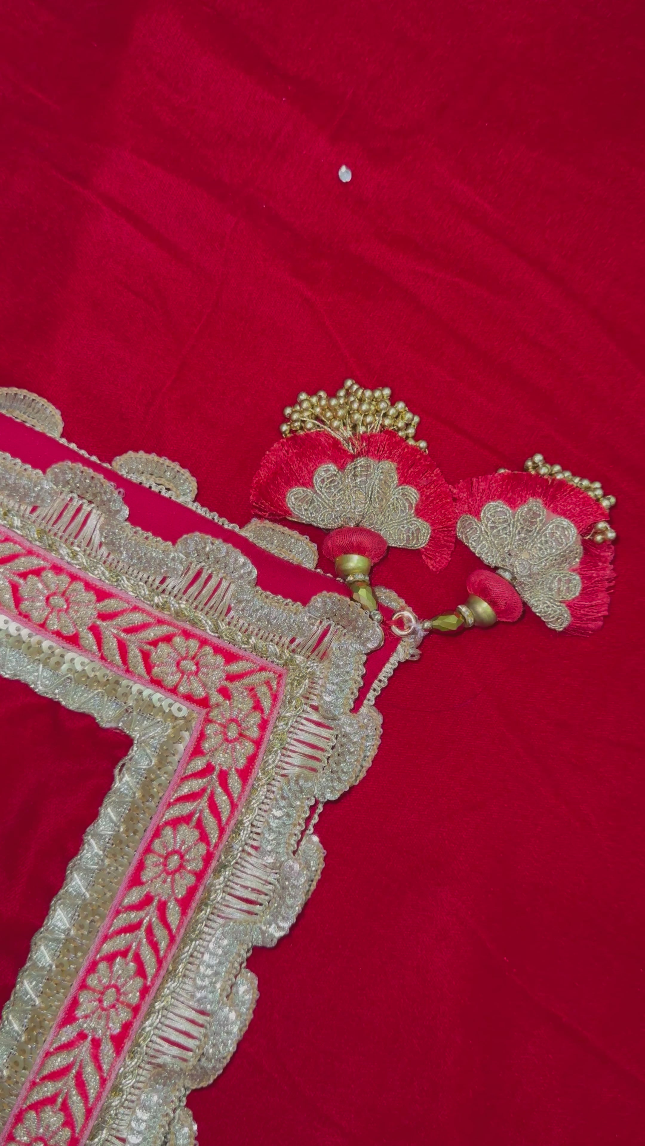 Cherry red velvet shawl/dupatta with golden latkaan