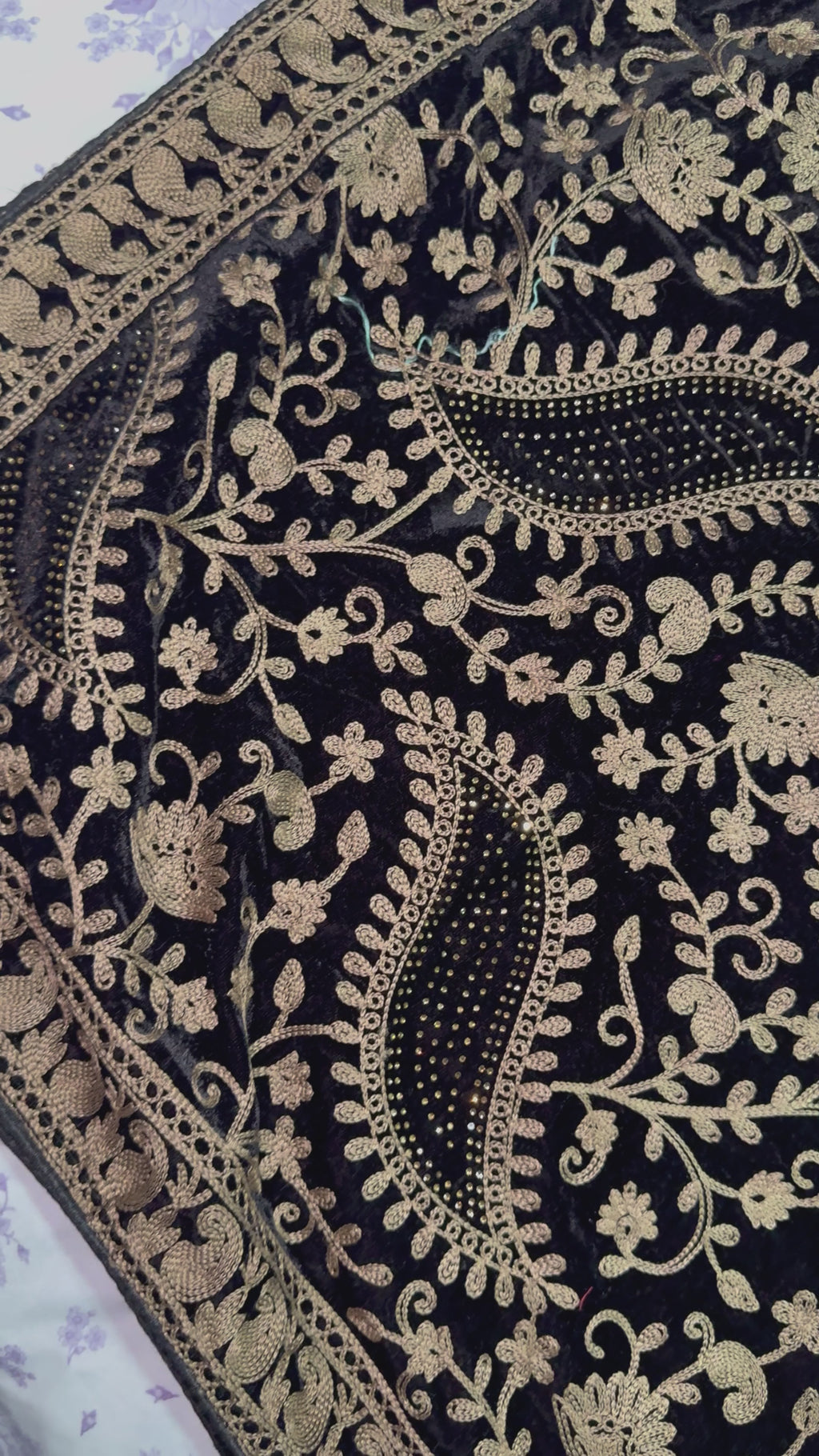 Black velvet shawl/dupatta with golden embroidery & stones