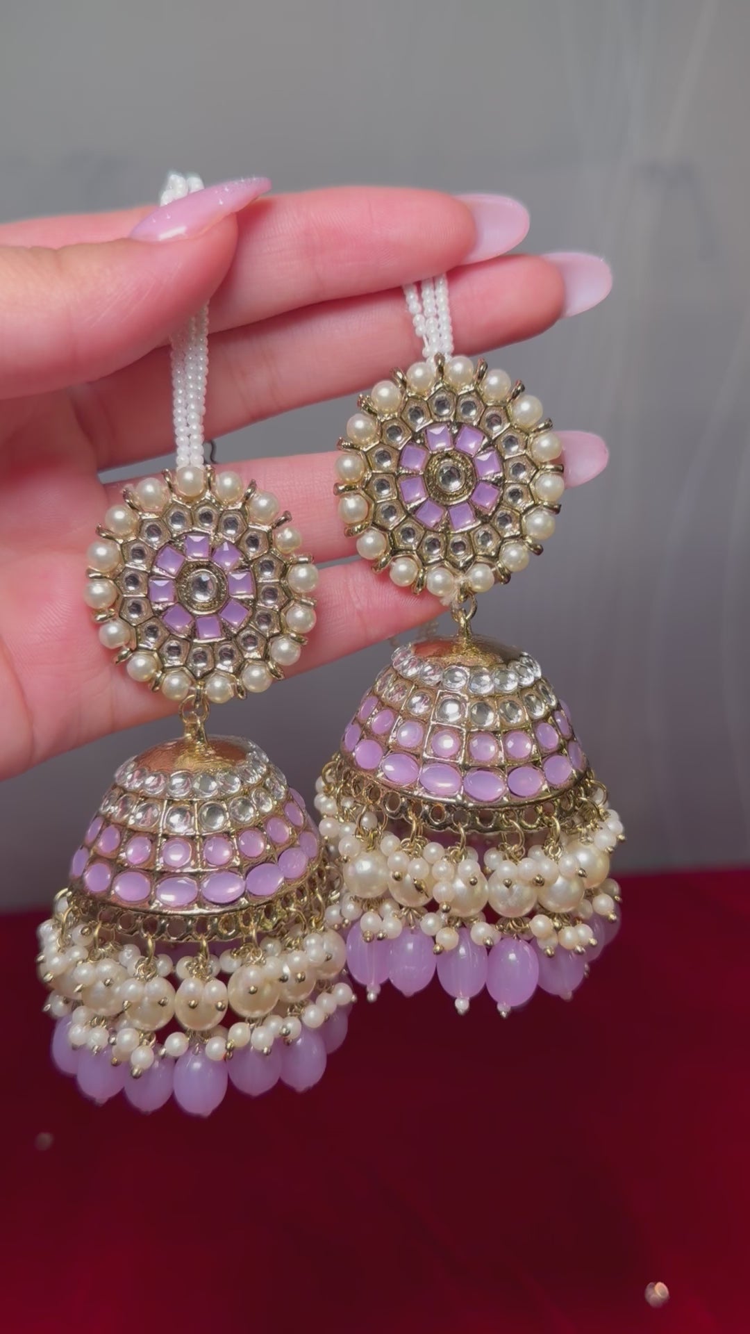 Lavender colored oversized statement jhumke with white pearl Sahara